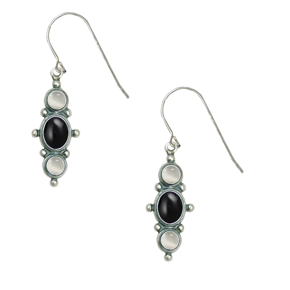 Sterling Silver Drop Dangle Earrings With Black Onyx And White Moonstone